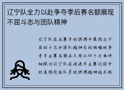辽宁队全力以赴争夺季后赛名额展现不屈斗志与团队精神