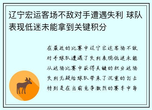辽宁宏运客场不敌对手遭遇失利 球队表现低迷未能拿到关键积分