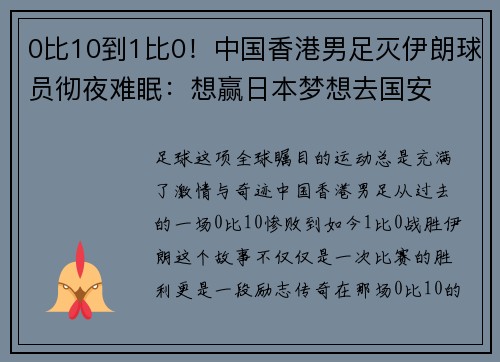 0比10到1比0！中国香港男足灭伊朗球员彻夜难眠：想赢日本梦想去国安