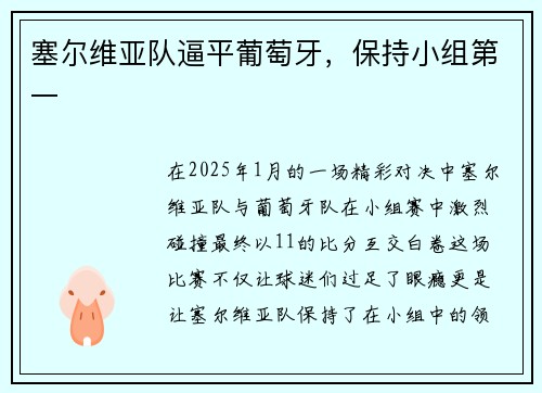 塞尔维亚队逼平葡萄牙，保持小组第一