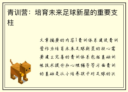 青训营：培育未来足球新星的重要支柱