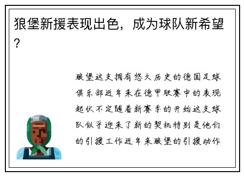 狼堡新援表现出色，成为球队新希望？