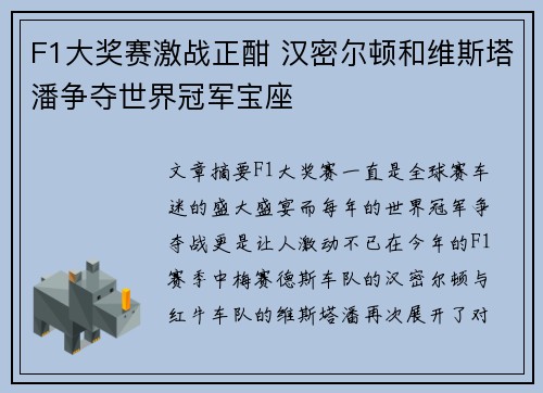 F1大奖赛激战正酣 汉密尔顿和维斯塔潘争夺世界冠军宝座
