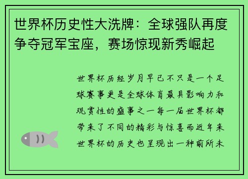 世界杯历史性大洗牌：全球强队再度争夺冠军宝座，赛场惊现新秀崛起
